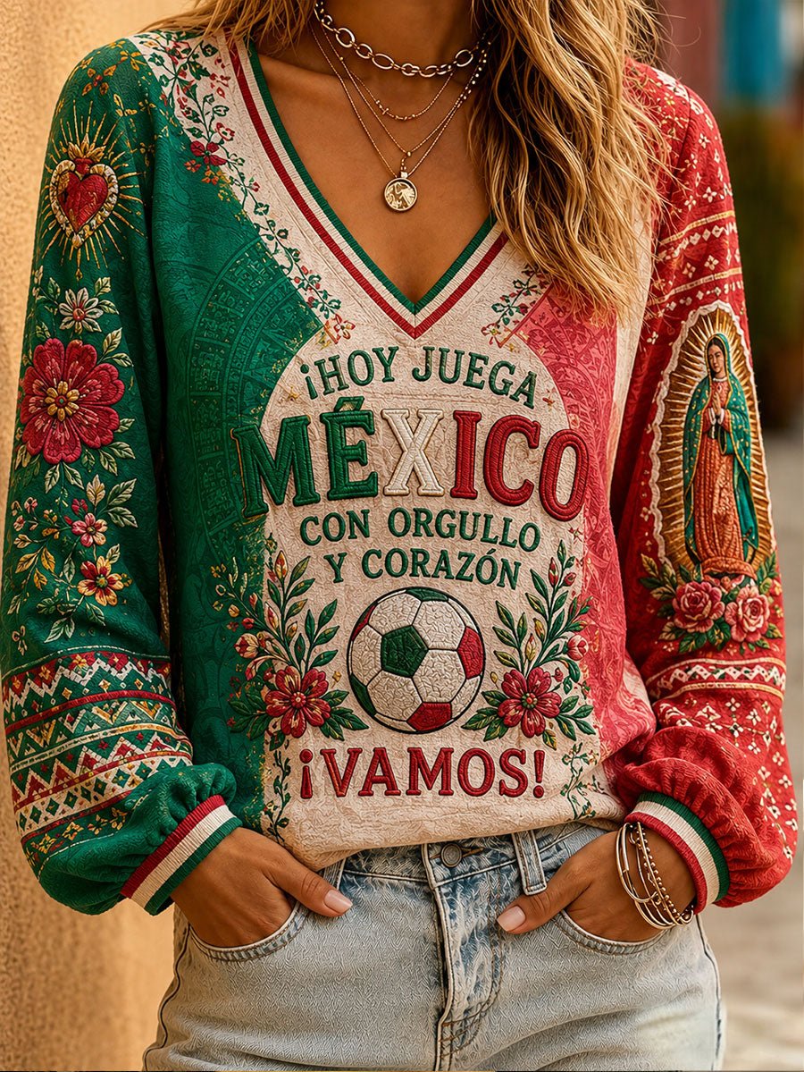 Women's Mexico Football Lover Floral Art Printed Linen T-shirt