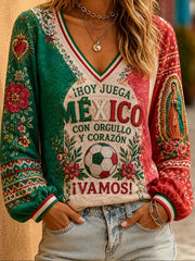 Women's Mexico Football Lover Floral Art Printed Linen T-shirt