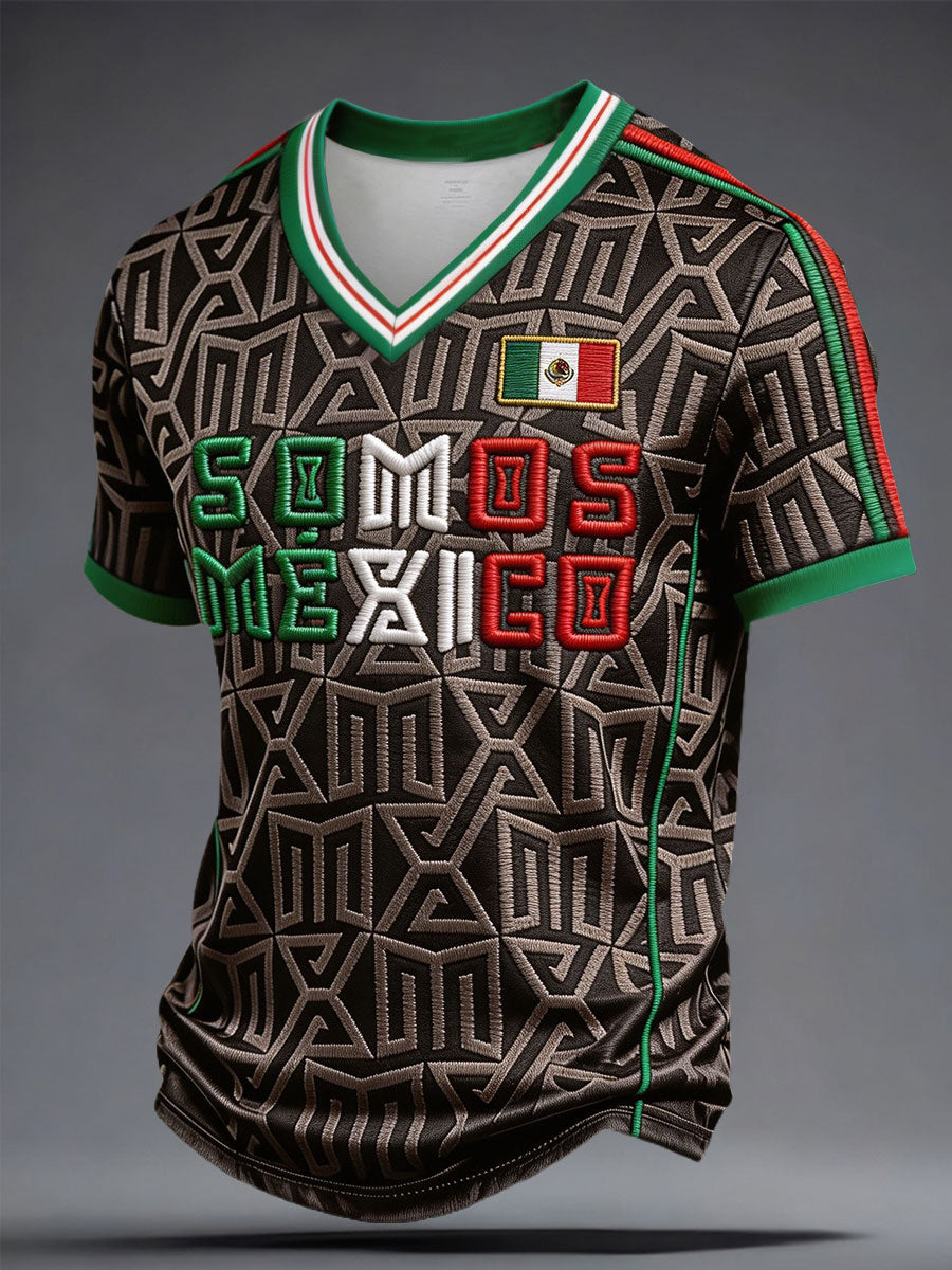 Men's Mexico Football Lover Floral Art Printed V-neck T-shirt