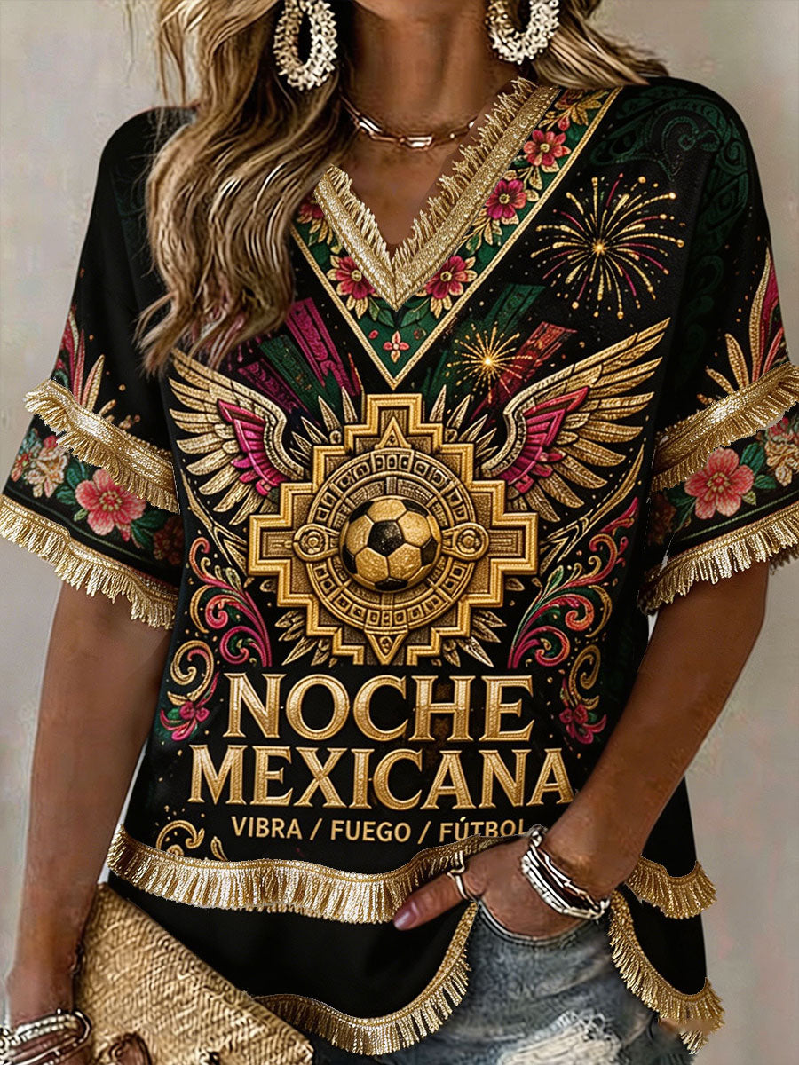 Women's Mexico Football Lover Art Printed Linen Tops