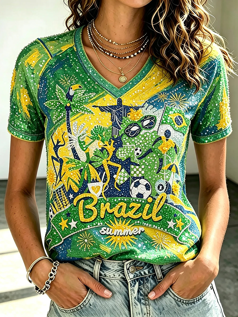 Women's Summer 2026 Brazil Football Inspired Print V-neck Off-shoulder Short-sleeved T-shirt
