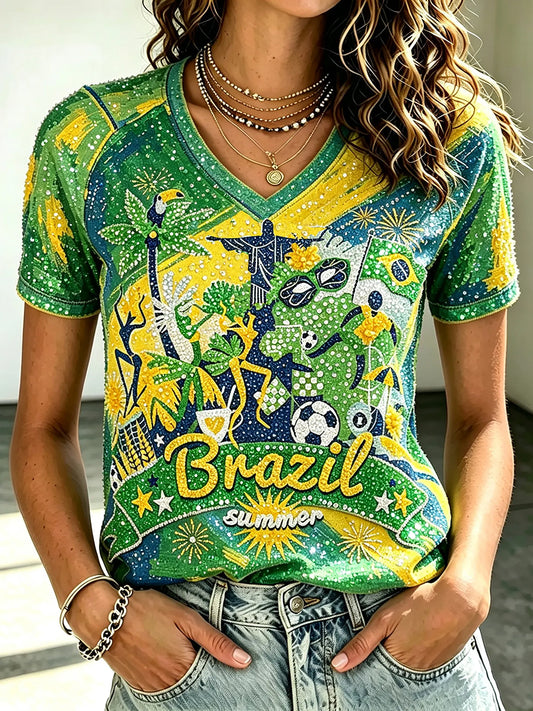 Women's Summer 2026 Brazil Football Inspired Print V-neck Off-shoulder Short-sleeved T-shirt