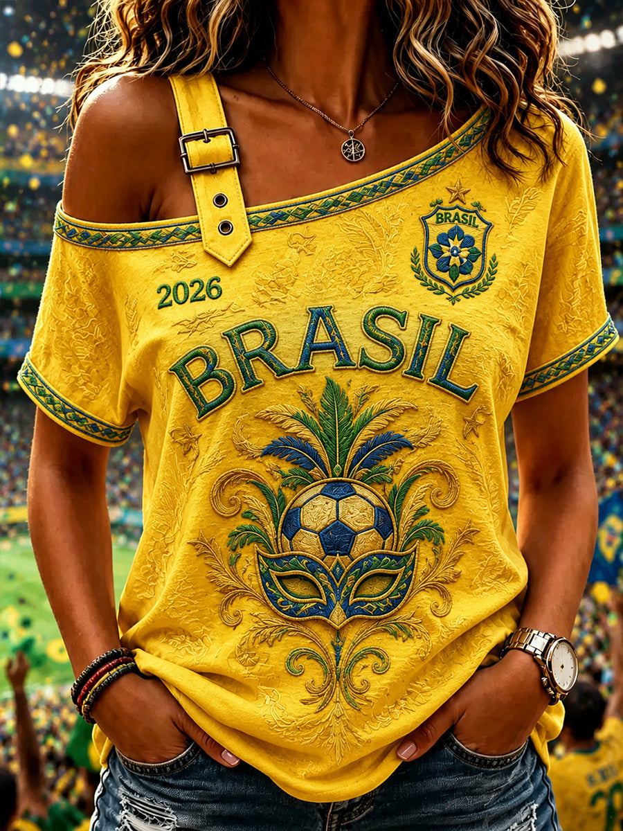 Women's Brazil Football Fan Gift  Off-the-Shoulder Short-Sleeve T-Shirt