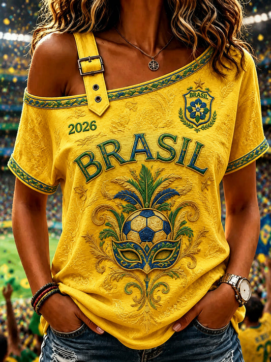 Women's Brazil Football Fan Gift  Off-the-Shoulder Short-Sleeve T-Shirt