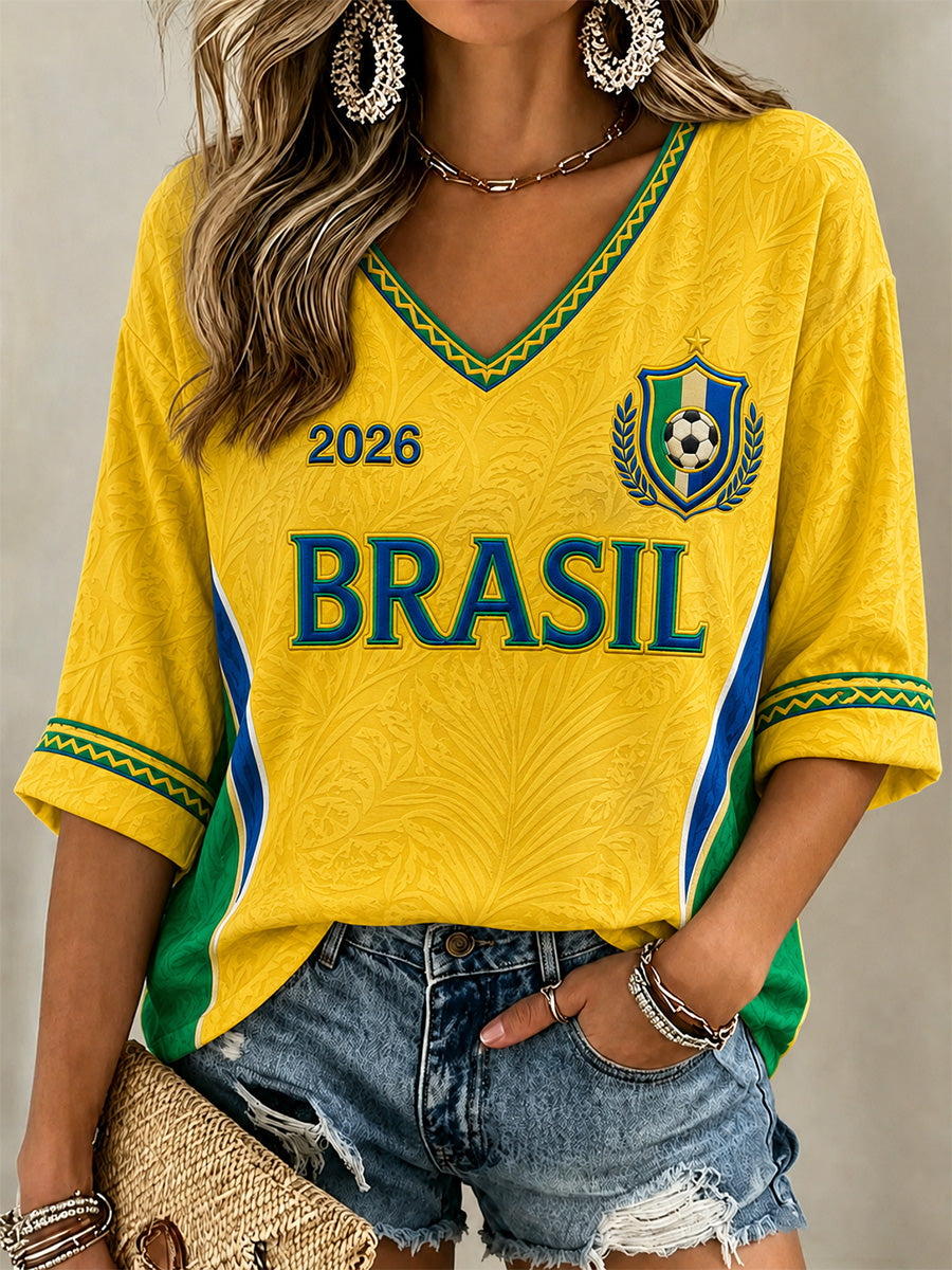 Women's Gift For Football Fans Print Casual Half-Sleeves V-Neck T-Shirt