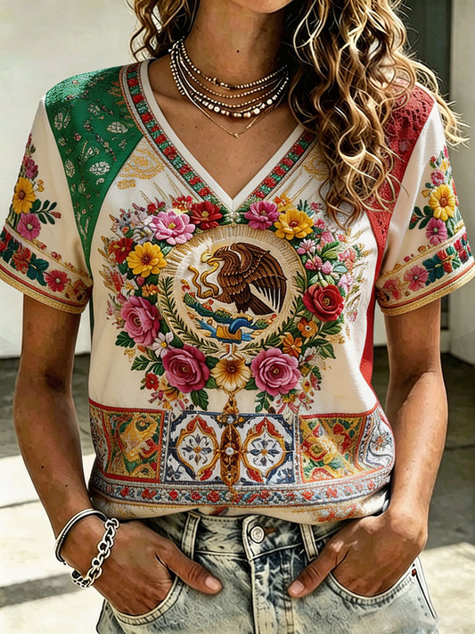 Women's Mexico Art Printed Linen T-shirt