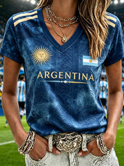 Women's Argentina Football Inspired Pattern Print Short-sleeved T-shirt