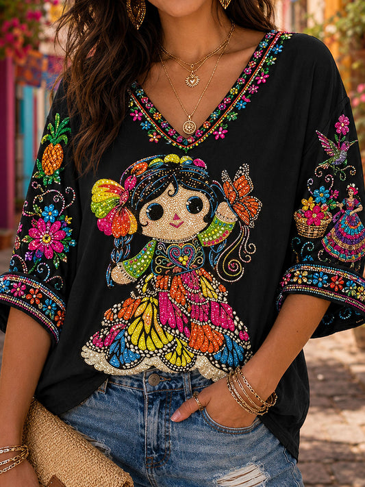 Women's Mexico Guelaguetza Lele Doll Art Printed Linen T-shirt