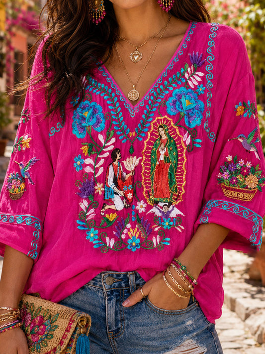 Women's Mexico Guelaguetza Art Printed Linen T-shirt