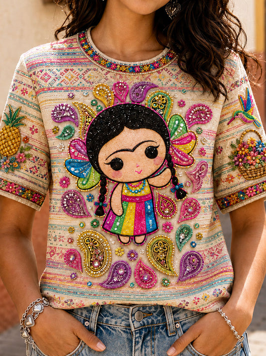 Women's Mexico Guelaguetza Lele Doll Art Printed T-shirt
