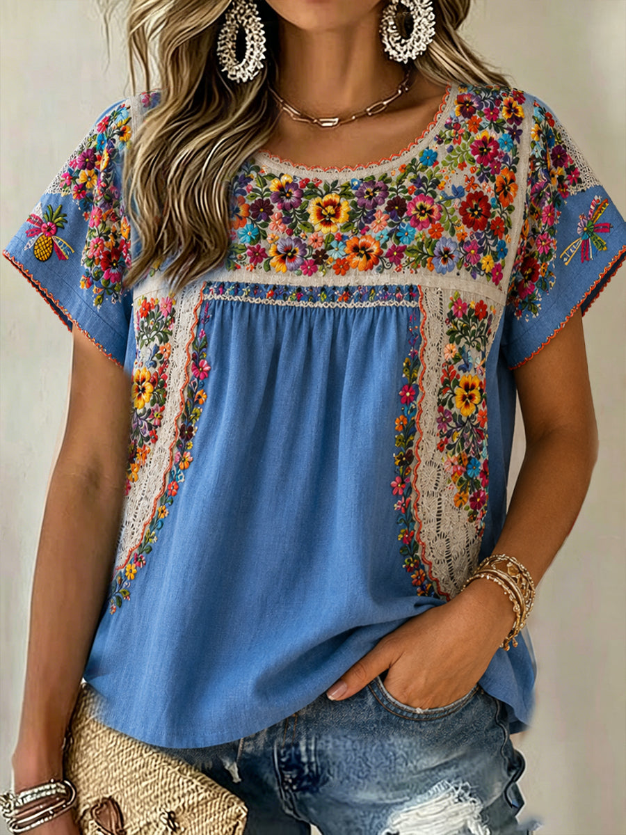 Women's Guelaguetza Mexico Art Printed Linen Tops