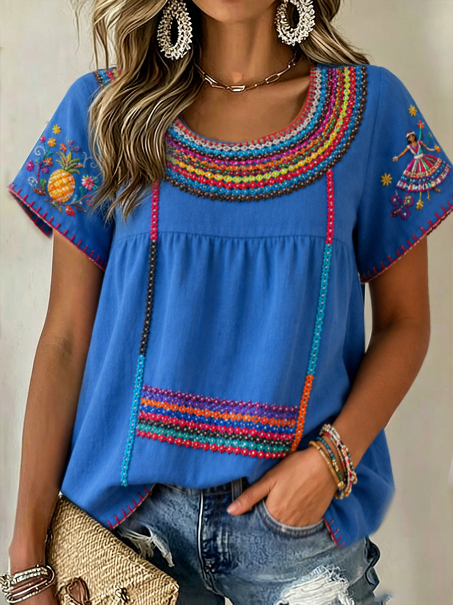Women's Guelaguetza Mexico Art Printed Linen Tops