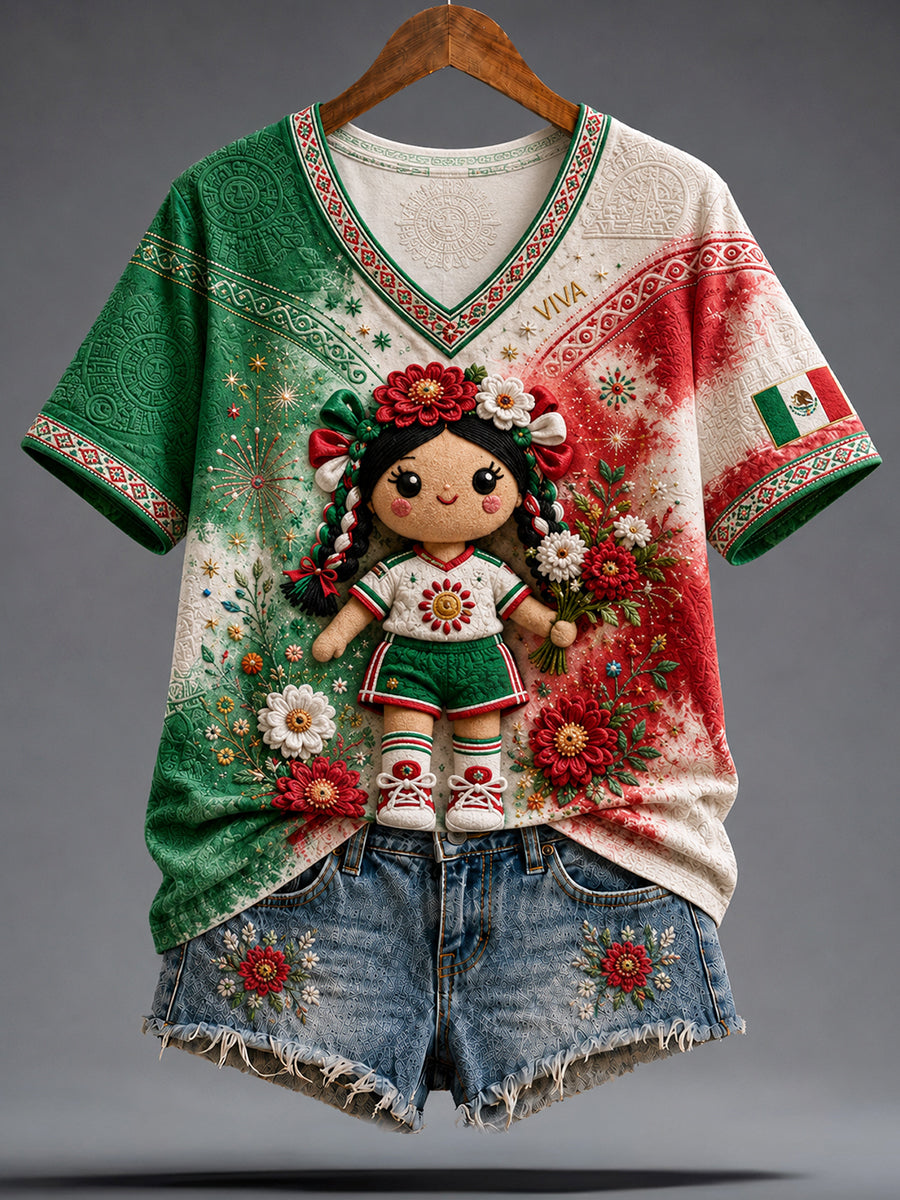 Women's Funny Lele Doll  Mexico Football Lover Art Printed T-Shirt