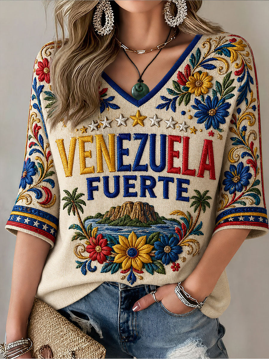 Women's Venezuela Fuerte Mid-length Sleeves V-Neck T-Shirt