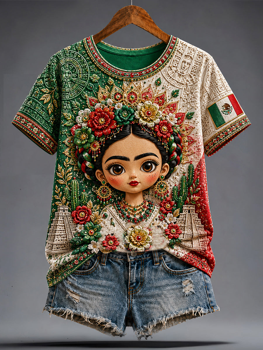 Women's Mexico Football Lover Lele Doll Art Printed T-shirt