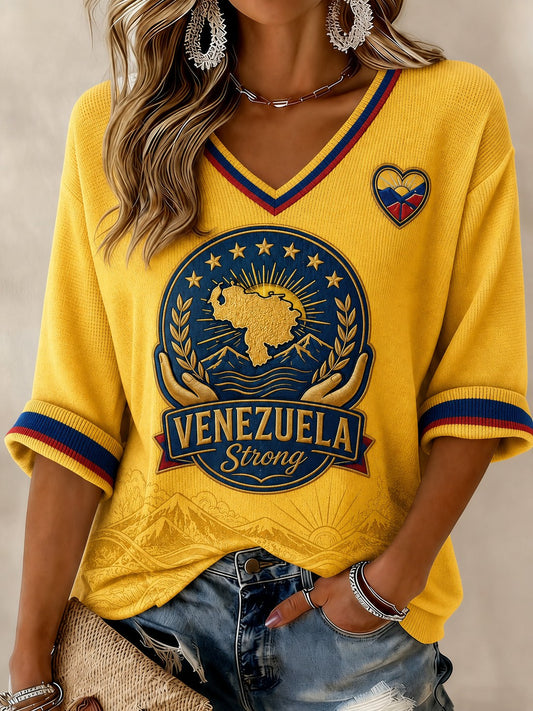 Women's Venezuela Strong Printed Mid-length Sleeves V-neck T-shirt