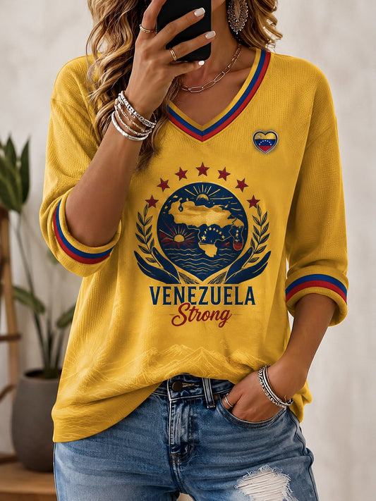 Women's Venezuela Strong Printed Mid-length Sleeves V-neck T-shirt