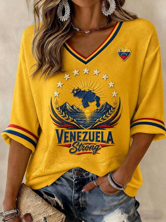 Women's Venezuela Strong Printed Mid-length Sleeves V-neck T-shirt