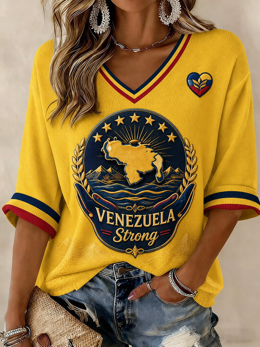 Women's Venezuela Strong Printed Mid-length Sleeves V-neck T-shirt