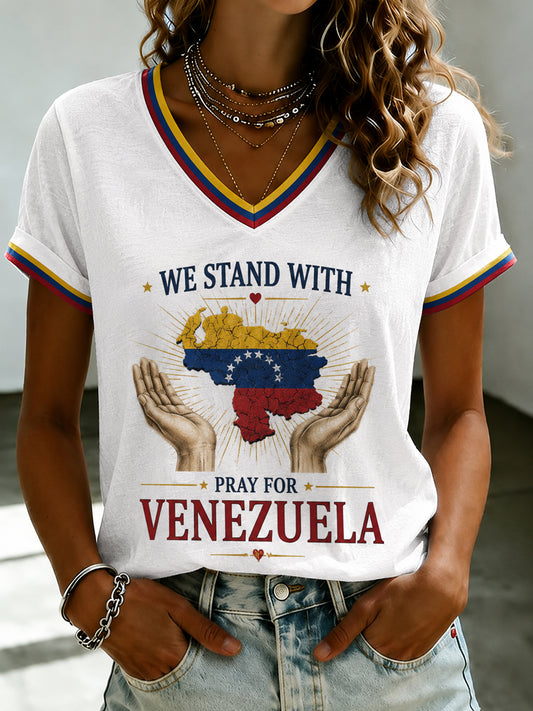 Women's WE STAND WITH PRAY FOR VENEZUELA Printed V-neck T-shirt