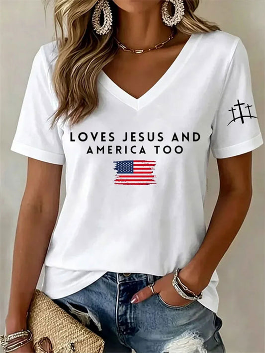 Women's Love Jesus And America Too Short Sleeve T-Shirt