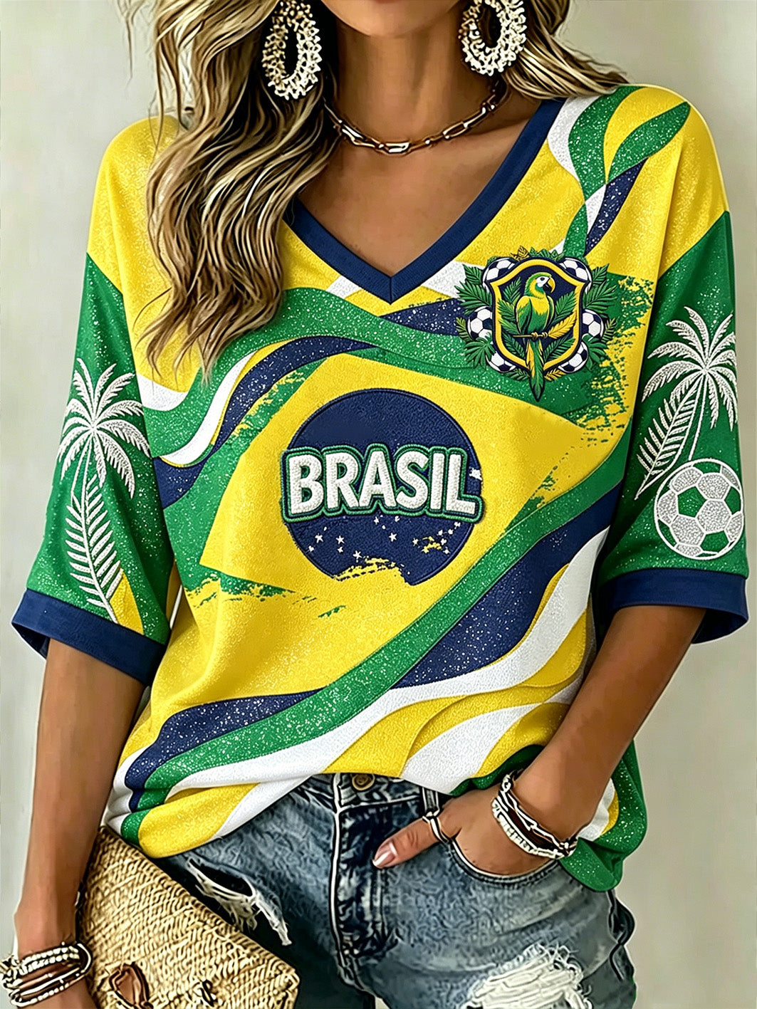 Women's Brazilian rainforest style mid-length sleeves V-neck football jersey