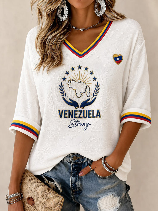 Women's Venezuela Strong Printed Mid-length Sleeves V-neck T-shirt