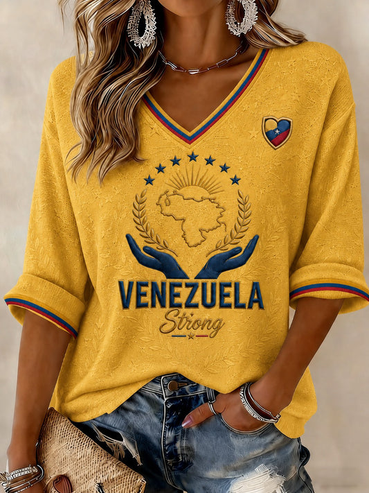 Women's Venezuela Strong Printed Mid-length Sleeves V-neck T-shirt