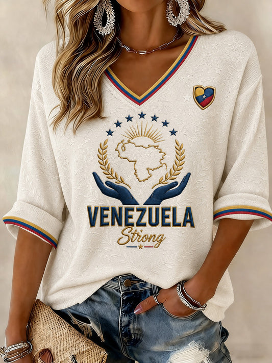 Women's Venezuela Strong Printed Mid-length Sleeves V-neck T-shirt