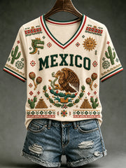 Women's Mexico Football Lover Art V-neck Short Sleeve T-shirt