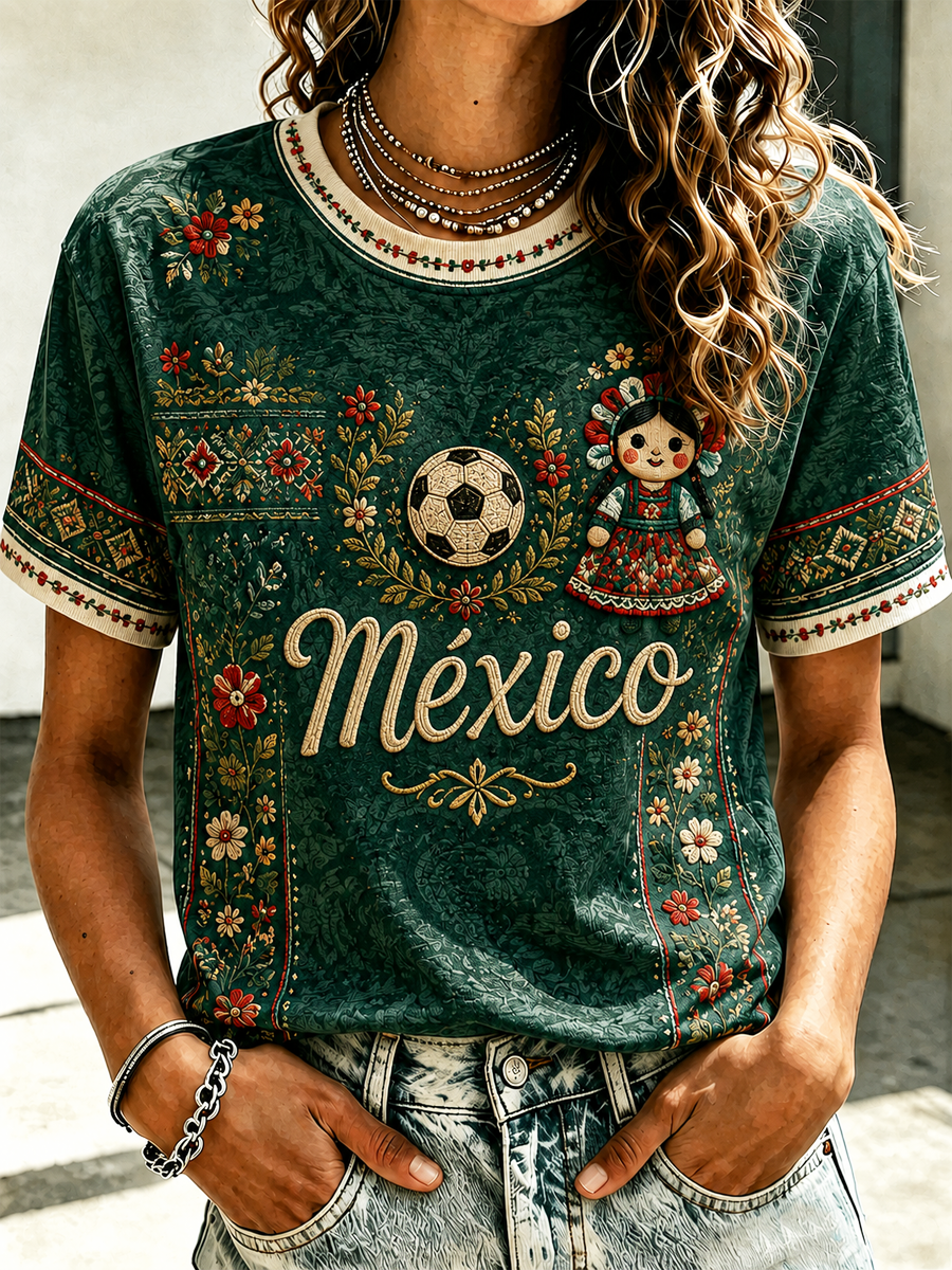 Women's Mexico Football Lover Art Printed short-sleeved T-shirt