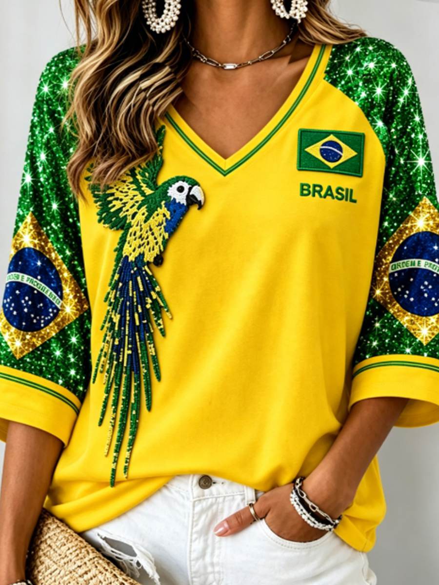 Women's Mid-length Sleeves V-Neck T-Shirt