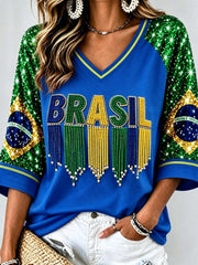 Women's Mid-length Sleeves V-Neck T-Shirt