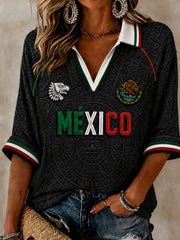 Women's Mexico Football Lover Art Mid-length Sleeves V-Neck T-Shirt