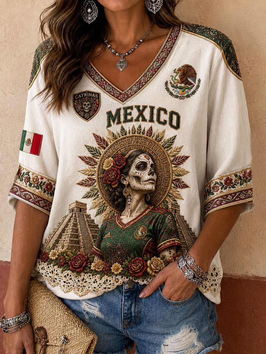 Women's Mexico Football Lover La Catrina Art Printed T-shirt