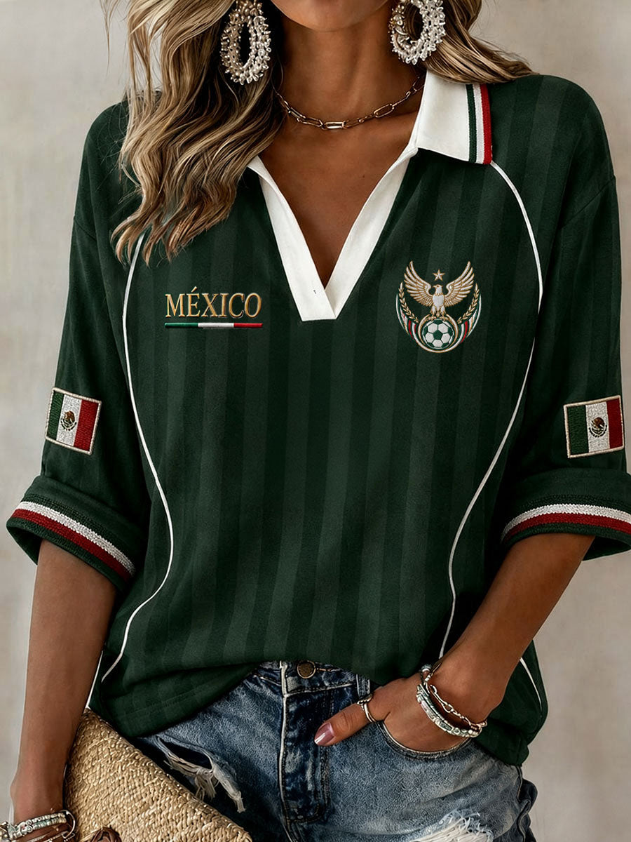 Women's Mexico Football Lover Art  Mid-length Sleeves V-Neck T-Shirt