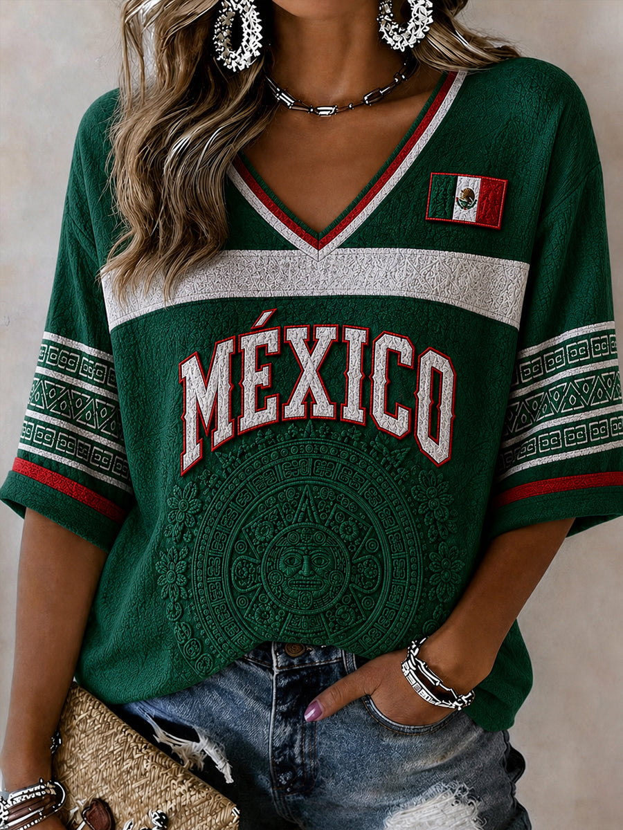Women's Mexico Football Lover Art  Mid-length Sleeves V-Neck T-Shirt