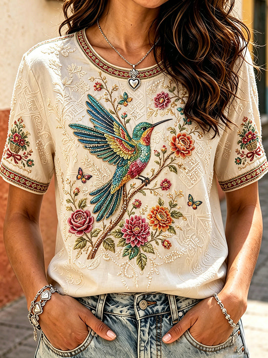 Women's Mexico Guelaguetza Hummingbird Art Printed T-shirt