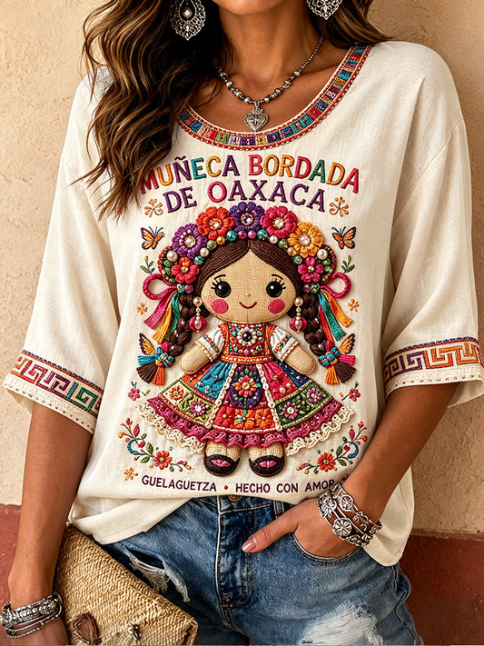 Women's Mexico Guelaguetza Lele Doll Art Printed Linen Tops