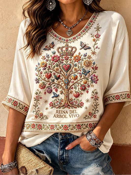 Women's Mexico Guelaguetza Art Printed Linen Tops