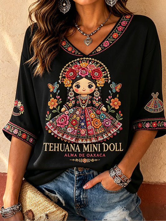 Women's Mexico Guelaguetza Lele Doll Art Printed Casual Tops