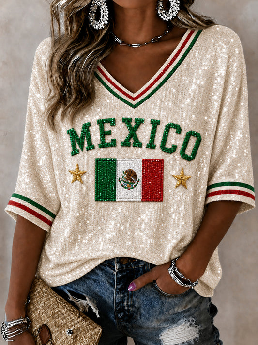 Women's Mexico Lover Art  Mid-length Sleeves V-Neck T-Shirt