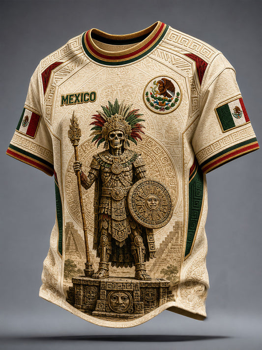 Men's Mexico Yaotl Mictlan Art Independence Day Printed T-shirt