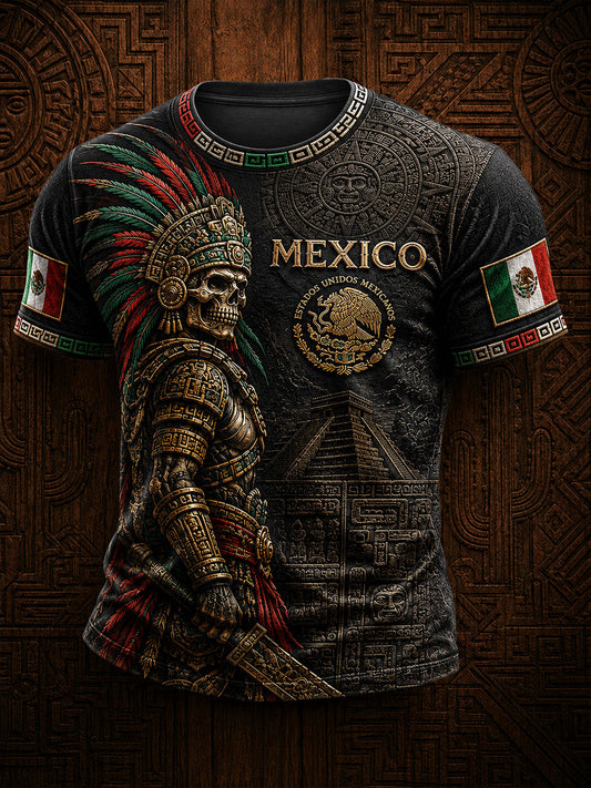 Men's Mexico Yaotl Mictlan Art Independence Day Printed T-shirt
