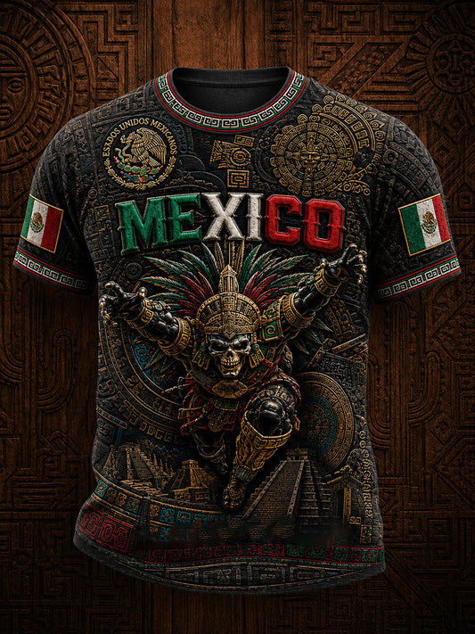 Men's Mexico Yaotl Mictlan Art Independence Day Printed T-shirt