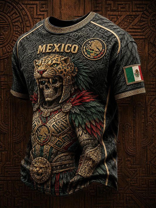 Men's Mexico Yaotl Mictlan Art Independence Day Printed T-shirt
