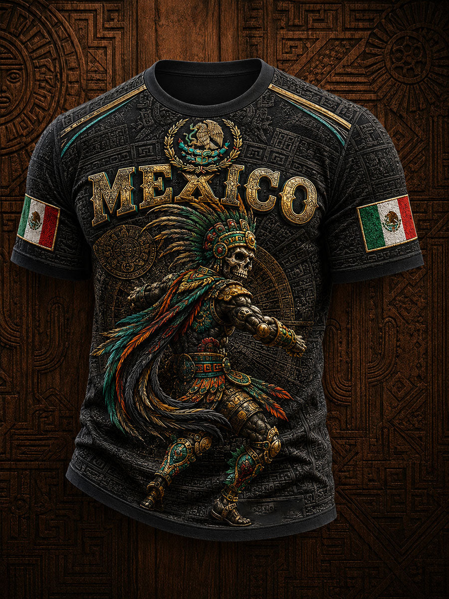 Men's Mexico Yaotl Mictlan Art Independence Day Printed T-shirt