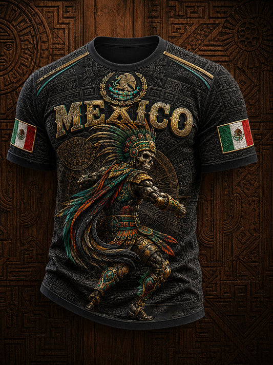 Men's Mexico Yaotl Mictlan Art Independence Day Printed T-shirt
