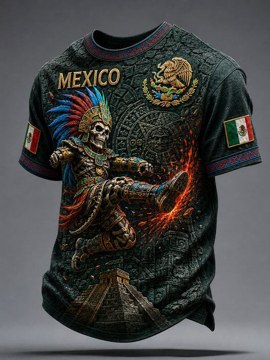 Men's Mexico Yaotl Mictlan Art Independence Day Printed T-shirt
