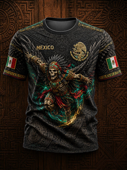 Men's Mexico Yaotl Mictlan Art Independence Day Printed T-shirt